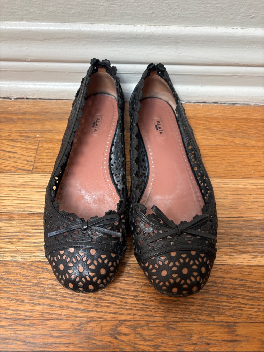Alaia 2000s Black Laser-Cut Leather Ballet Flats